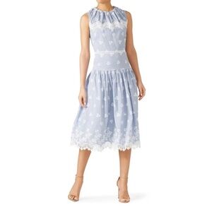 Monique Lhuillier Blue Sleeveless Embroidered Lace Poplin Midi Dress Size 10 EUC